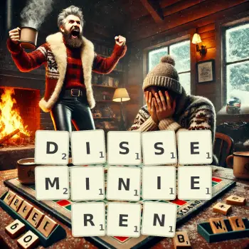 Kreative Illustration für ein Scrabble-Spiel, bei dem das Wort DISSEMINIEREN mit Steinen auf dem Brett gelegt wurde.