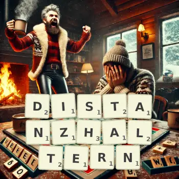 Kreative Illustration für ein Scrabble-Spiel, bei dem das Wort DISTANZHALTERN mit Steinen auf dem Brett gelegt wurde.