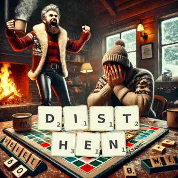Kreative Illustration für ein Scrabble-Spiel, bei dem das Wort DISTHEN mit Steinen auf dem Brett gelegt wurde.