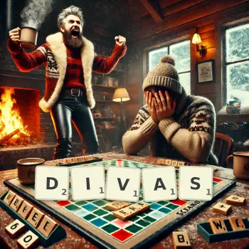 Kreative Illustration für ein Scrabble-Spiel, bei dem das Wort DIVAS mit Steinen auf dem Brett gelegt wurde.