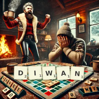 Kreative Illustration für ein Scrabble-Spiel, bei dem das Wort DIWAN mit Steinen auf dem Brett gelegt wurde.