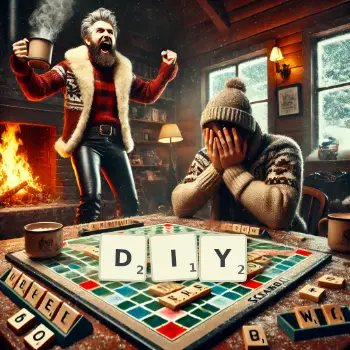 Kreative Illustration für ein Scrabble-Spiel, bei dem das Wort DIY mit Steinen auf dem Brett gelegt wurde.