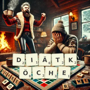 Kreative Illustration für ein Scrabble-Spiel, bei dem das Wort DIÄTKÖCHE mit Steinen auf dem Brett gelegt wurde.
