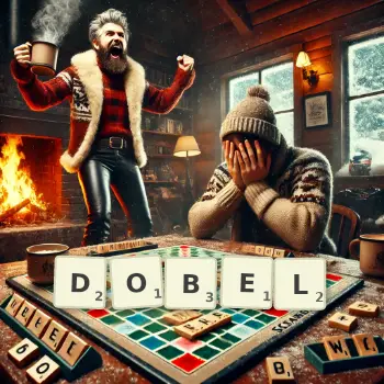 Kreative Illustration für ein Scrabble-Spiel, bei dem das Wort DOBEL mit Steinen auf dem Brett gelegt wurde.