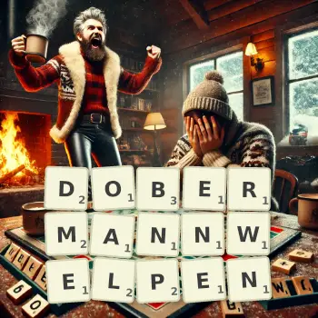 Kreative Illustration für ein Scrabble-Spiel, bei dem das Wort DOBERMANNWELPEN mit Steinen auf dem Brett gelegt wurde.