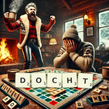 Kreative Illustration für ein Scrabble-Spiel, bei dem das Wort DOCHT mit Steinen auf dem Brett gelegt wurde.