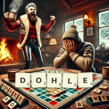 Kreative Illustration für ein Scrabble-Spiel, bei dem das Wort DOHLE mit Steinen auf dem Brett gelegt wurde.