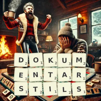 Kreative Illustration für ein Scrabble-Spiel, bei dem das Wort DOKUMENTARSTILS mit Steinen auf dem Brett gelegt wurde.