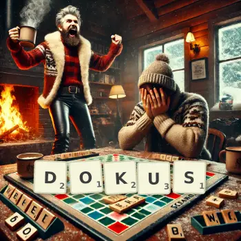 Kreative Illustration für ein Scrabble-Spiel, bei dem das Wort DOKUS mit Steinen auf dem Brett gelegt wurde.