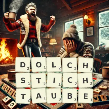 Kreative Illustration für ein Scrabble-Spiel, bei dem das Wort DOLCHSTICHTAUBE mit Steinen auf dem Brett gelegt wurde.
