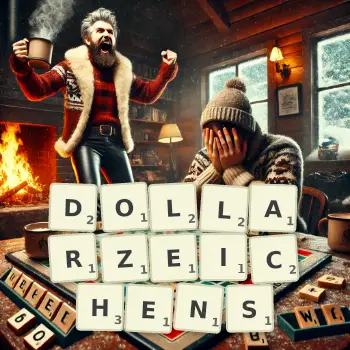 Kreative Illustration für ein Scrabble-Spiel, bei dem das Wort DOLLARZEICHENS mit Steinen auf dem Brett gelegt wurde.