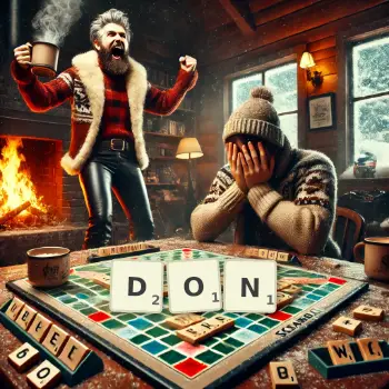 Kreative Illustration für ein Scrabble-Spiel, bei dem das Wort DON mit Steinen auf dem Brett gelegt wurde.