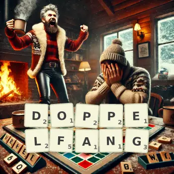 Kreative Illustration für ein Scrabble-Spiel, bei dem das Wort DOPPELFANG mit Steinen auf dem Brett gelegt wurde.