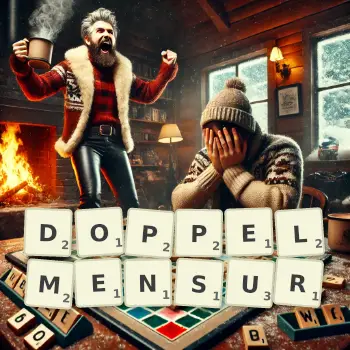 Kreative Illustration für ein Scrabble-Spiel, bei dem das Wort DOPPELMENSUR mit Steinen auf dem Brett gelegt wurde.