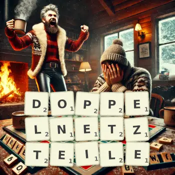 Kreative Illustration für ein Scrabble-Spiel, bei dem das Wort DOPPELNETZTEILE mit Steinen auf dem Brett gelegt wurde.