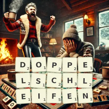 Kreative Illustration für ein Scrabble-Spiel, bei dem das Wort DOPPELSCHLEIFEN mit Steinen auf dem Brett gelegt wurde.