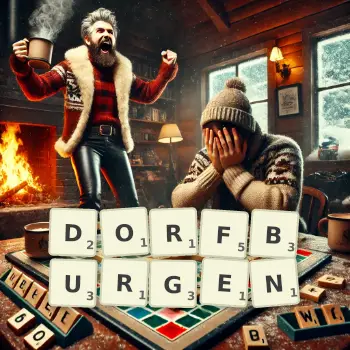 Kreative Illustration für ein Scrabble-Spiel, bei dem das Wort DORFBURGEN mit Steinen auf dem Brett gelegt wurde.