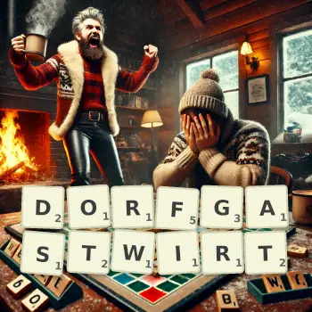 Kreative Illustration für ein Scrabble-Spiel, bei dem das Wort DORFGASTWIRT mit Steinen auf dem Brett gelegt wurde.