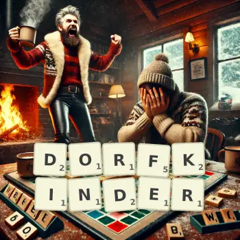 Kreative Illustration für ein Scrabble-Spiel, bei dem das Wort DORFKINDER mit Steinen auf dem Brett gelegt wurde.