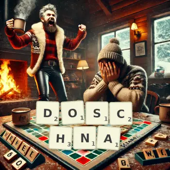 Kreative Illustration für ein Scrabble-Spiel, bei dem das Wort DOSCHNA mit Steinen auf dem Brett gelegt wurde.
