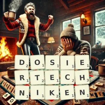 Kreative Illustration für ein Scrabble-Spiel, bei dem das Wort DOSIERTECHNIKEN mit Steinen auf dem Brett gelegt wurde.