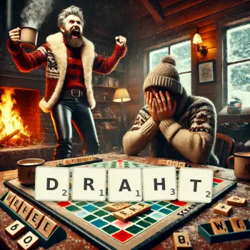 Kreative Illustration für ein Scrabble-Spiel, bei dem das Wort DRAHT mit Steinen auf dem Brett gelegt wurde.