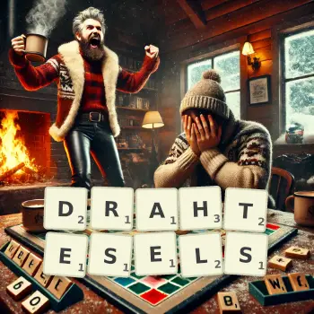 Kreative Illustration für ein Scrabble-Spiel, bei dem das Wort DRAHTESELS mit Steinen auf dem Brett gelegt wurde.