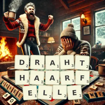 Kreative Illustration für ein Scrabble-Spiel, bei dem das Wort DRAHTHAARFELLE mit Steinen auf dem Brett gelegt wurde.