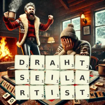 Kreative Illustration für ein Scrabble-Spiel, bei dem das Wort DRAHTSEILARTIST mit Steinen auf dem Brett gelegt wurde.