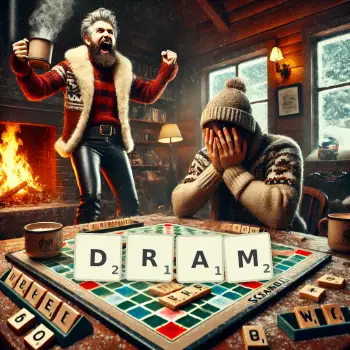 Kreative Illustration für ein Scrabble-Spiel, bei dem das Wort DRAM mit Steinen auf dem Brett gelegt wurde.