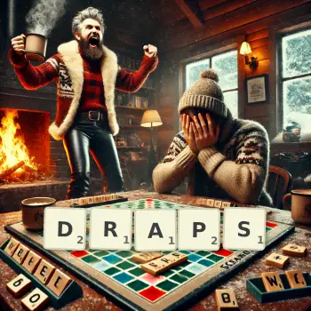 Kreative Illustration für ein Scrabble-Spiel, bei dem das Wort DRAPS mit Steinen auf dem Brett gelegt wurde.