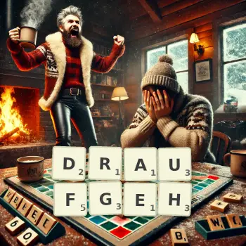 Kreative Illustration für ein Scrabble-Spiel, bei dem das Wort DRAUFGEH mit Steinen auf dem Brett gelegt wurde.