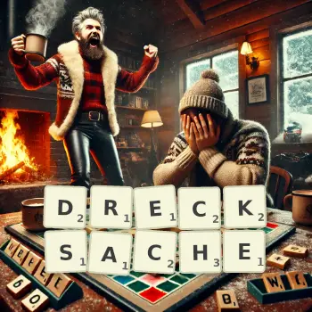 Kreative Illustration für ein Scrabble-Spiel, bei dem das Wort DRECKSACHE mit Steinen auf dem Brett gelegt wurde.