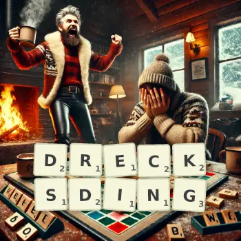 Kreative Illustration für ein Scrabble-Spiel, bei dem das Wort DRECKSDING mit Steinen auf dem Brett gelegt wurde.