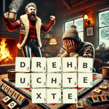 Kreative Illustration für ein Scrabble-Spiel, bei dem das Wort DREHBUCHTEXTE mit Steinen auf dem Brett gelegt wurde.