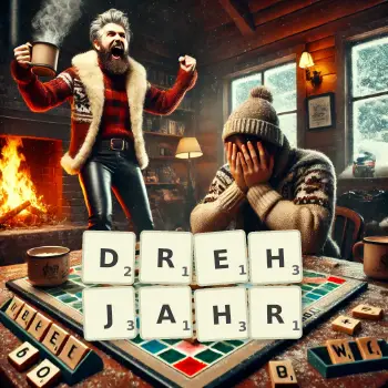 Kreative Illustration für ein Scrabble-Spiel, bei dem das Wort DREHJAHR mit Steinen auf dem Brett gelegt wurde.