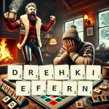 Kreative Illustration für ein Scrabble-Spiel, bei dem das Wort DREHKIEFERN mit Steinen auf dem Brett gelegt wurde.