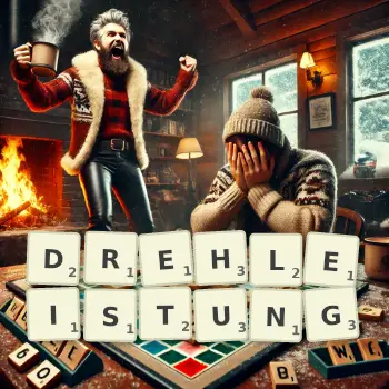 Kreative Illustration für ein Scrabble-Spiel, bei dem das Wort DREHLEISTUNG mit Steinen auf dem Brett gelegt wurde.
