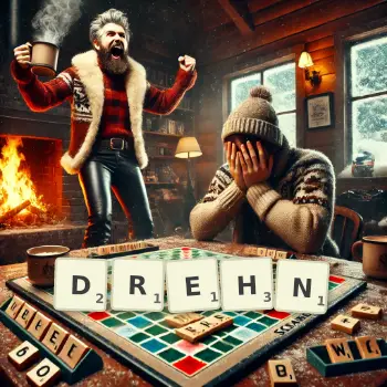 Kreative Illustration für ein Scrabble-Spiel, bei dem das Wort DREHN mit Steinen auf dem Brett gelegt wurde.