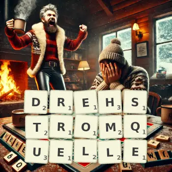 Kreative Illustration für ein Scrabble-Spiel, bei dem das Wort DREHSTROMQUELLE mit Steinen auf dem Brett gelegt wurde.