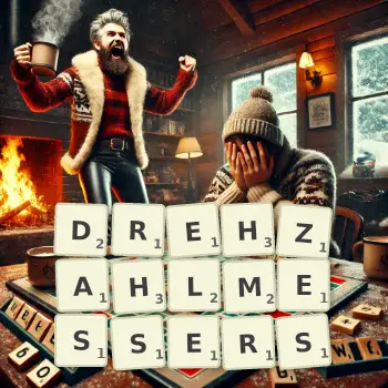 Kreative Illustration für ein Scrabble-Spiel, bei dem das Wort DREHZAHLMESSERS mit Steinen auf dem Brett gelegt wurde.