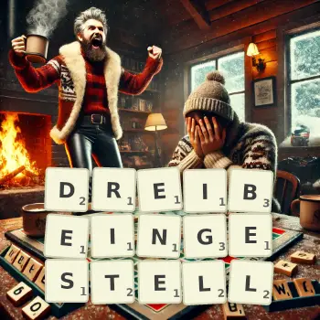 Kreative Illustration für ein Scrabble-Spiel, bei dem das Wort DREIBEINGESTELL mit Steinen auf dem Brett gelegt wurde.