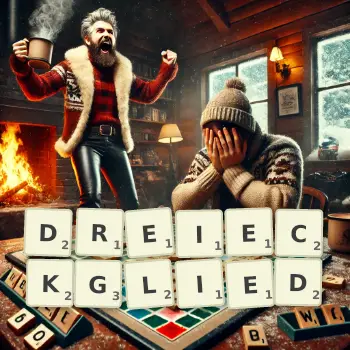 Kreative Illustration für ein Scrabble-Spiel, bei dem das Wort DREIECKGLIED mit Steinen auf dem Brett gelegt wurde.