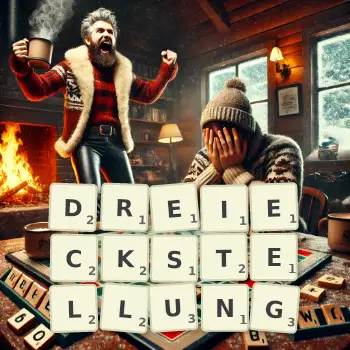Kreative Illustration für ein Scrabble-Spiel, bei dem das Wort DREIECKSTELLUNG mit Steinen auf dem Brett gelegt wurde.