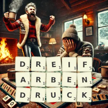 Kreative Illustration für ein Scrabble-Spiel, bei dem das Wort DREIFARBENDRUCK mit Steinen auf dem Brett gelegt wurde.