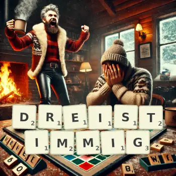 Kreative Illustration für ein Scrabble-Spiel, bei dem das Wort DREISTIMMIG mit Steinen auf dem Brett gelegt wurde.