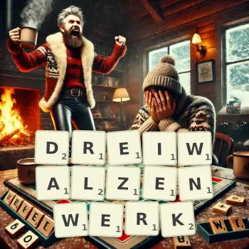 Kreative Illustration für ein Scrabble-Spiel, bei dem das Wort DREIWALZENWERK mit Steinen auf dem Brett gelegt wurde.