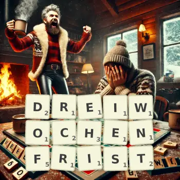 Kreative Illustration für ein Scrabble-Spiel, bei dem das Wort DREIWOCHENFRIST mit Steinen auf dem Brett gelegt wurde.
