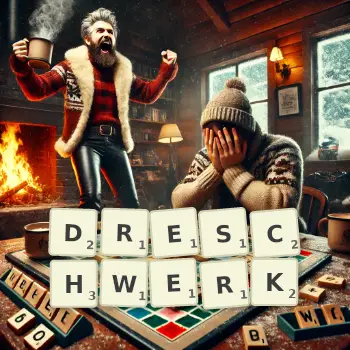 Kreative Illustration für ein Scrabble-Spiel, bei dem das Wort DRESCHWERK mit Steinen auf dem Brett gelegt wurde.