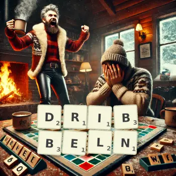 Kreative Illustration für ein Scrabble-Spiel, bei dem das Wort DRIBBELN mit Steinen auf dem Brett gelegt wurde.